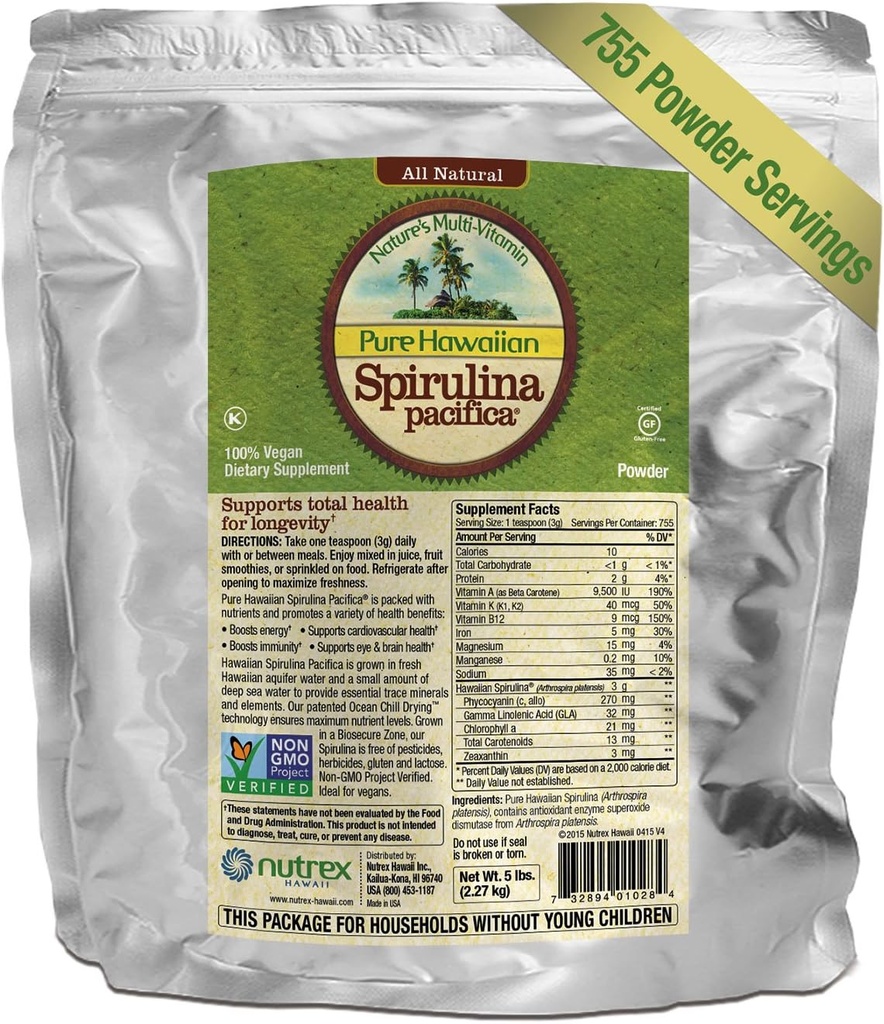 Pure Hawaiian Spirulina Toz 5 lb Bulk Bag – Enerji ve Destekler Immunity – Vegan, GMO – Natural Superfood Grown in Hawaii