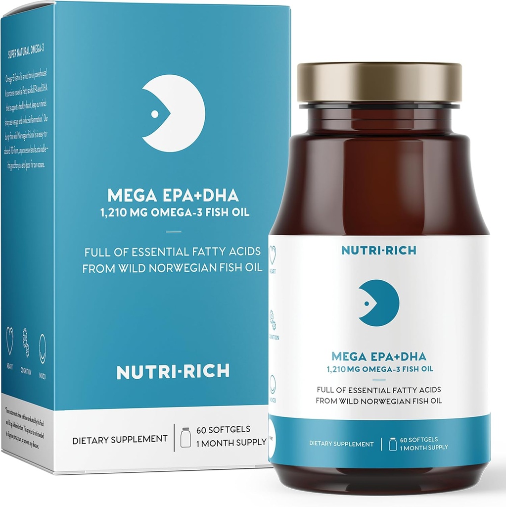 Nutri-Rich Omega-3 Fish Oil 1210mg - EPA & DHA Kalp, Beyin ve Ortak Sağlık - Burp-Free, Lemon Flavor, Gluten & Soy Free, Üçüncü Bölüm Test Edildi (60 Softgels)