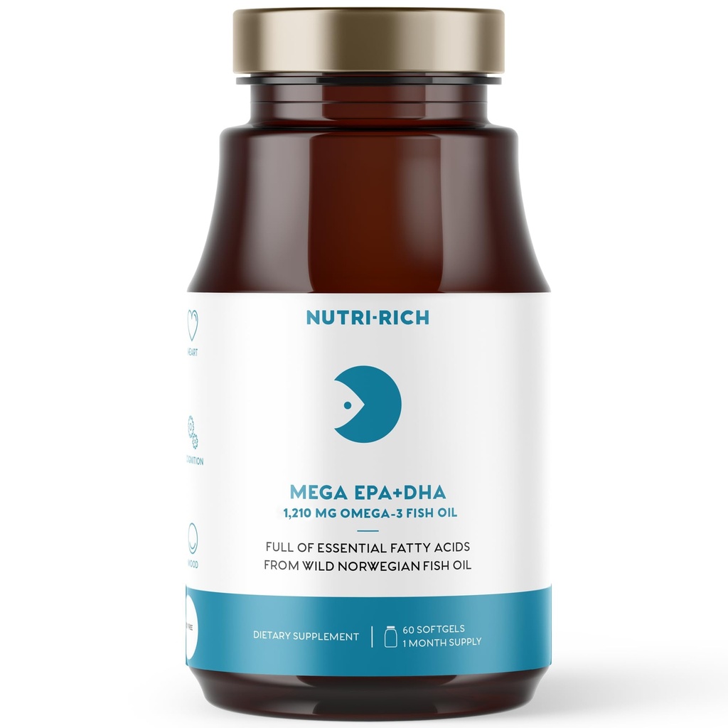Nutri-Rich Omega-3 Fish Oil 1210mg - EPA & DHA Kalp, Beyin ve Ortak Sağlık - Burp-Free, Lemon Flavor, Gluten & Soy Free, Üçüncü Bölüm Test Edildi (60 Softgels)