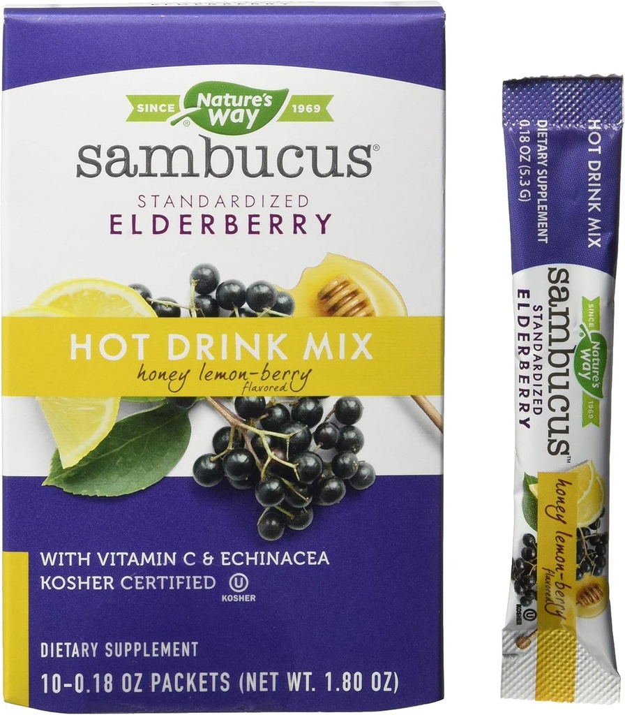 Nature's Way Nature's Way Sambucus Soothing Elderberry Hot Drink Mix, with Vitamin C & Echinacea, 10 Kont, Honey Lemon-Berry Flavored, 10 Count (Brook of 12)