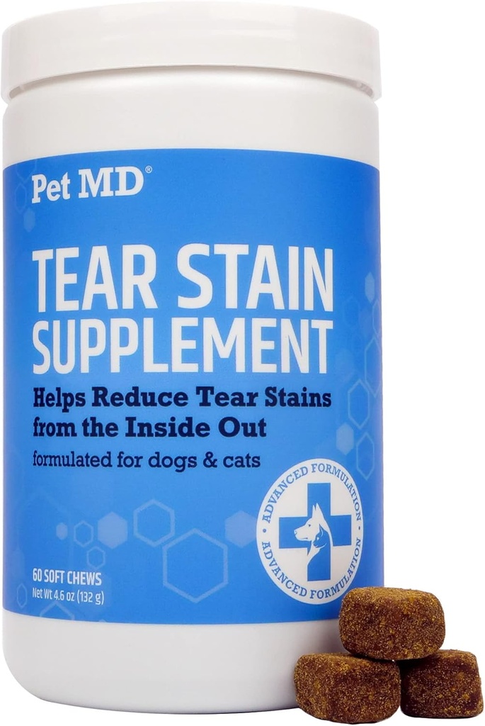 Pet MD Tear Stain Donr for Dogs & Cats - Antioksi Eye Care Supplement with Lutein, Cranberry, & Omega 3 & 6 - Cat & Dog Tear Stain Taker Chews for White & Light Fur - 60 ct