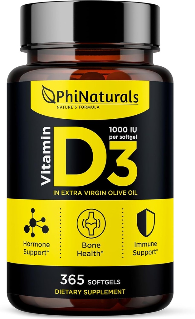 Phi Naturals Vitamin D3 1000iu Softgels Supplement Olive Oil Base 365 Gel Caps One Year Supply of VIT D, Vitamina D 3 1000 iu