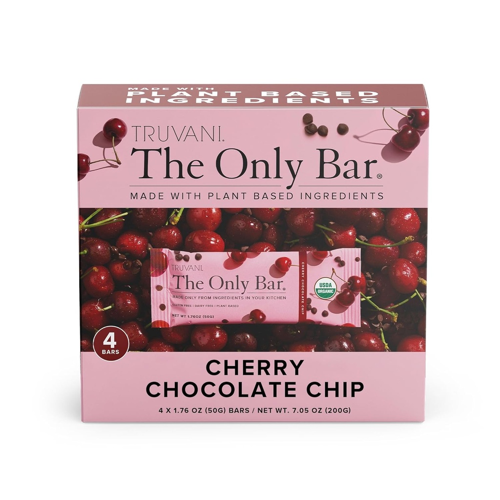 Truvani Plant Based Snack Bars | Cherry Chocolate Chip 4 Pack | 5g protein | USDA Organik ve Vegan | Sadece Bar | Süt, Soy ve Gluten Ücretsiz | Bireysel olarak sarıldı