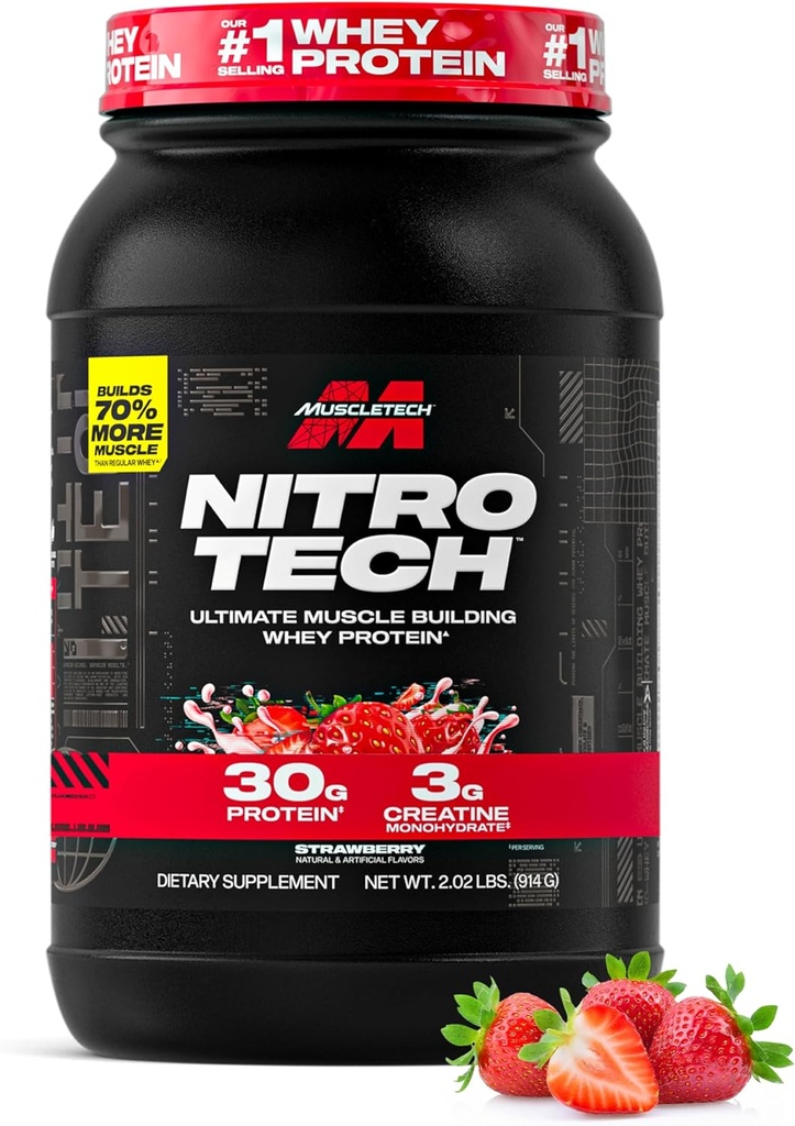 Kastech Whey Protein Tozu (Strawberry, 2.2 Pound) - NitroTech Ultimate Muscle Building Formula Whey Protein Isolate - 30g Protein, BCAA 3g - Ambalaj Vary