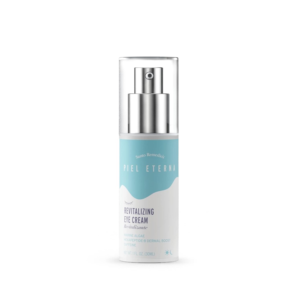 Santo Remedio, Piel Eterna, Revitalizing Eye Cream, Φωτίζουσα κρέμα ματιών, βοηθά στη μείωση των σκοτεινών κύκλων, Περιέχει Marina Algae, καφεΐνη, Αλόη, Υαλουρονικό οξύ, Βιταμίνη Ε, για όλους τους τύπους δέρματος, 1 Fl. Oz.