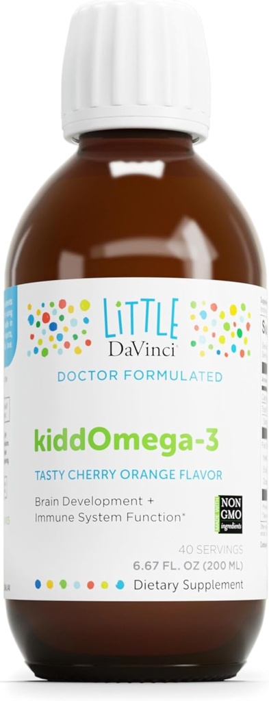 DAVINCI Labs kiddOmega-3 - Υγρό Ωμέγα-3 συμπλήρωμα για τα παιδιά - για το ανοσοποιητικό σύστημα, εστίαση και υποστήριξη εγκεφάλου* - με φρούτα μοναχός, DHA, EPA και περισσότερα - Cherry Orange Flavor - 200mL
