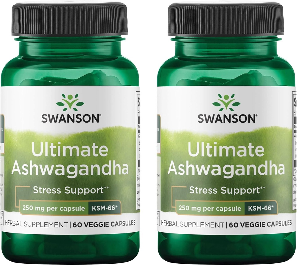 Swanson Ultimate Ashwagandha KSM-66 - Herbal Supplement Sağlıklı Stres Seviyeleri ve Rahatlama - Calm & Relaxed Mindset - (60 Veggie Capsules, 250mg Her) (2 Pack)