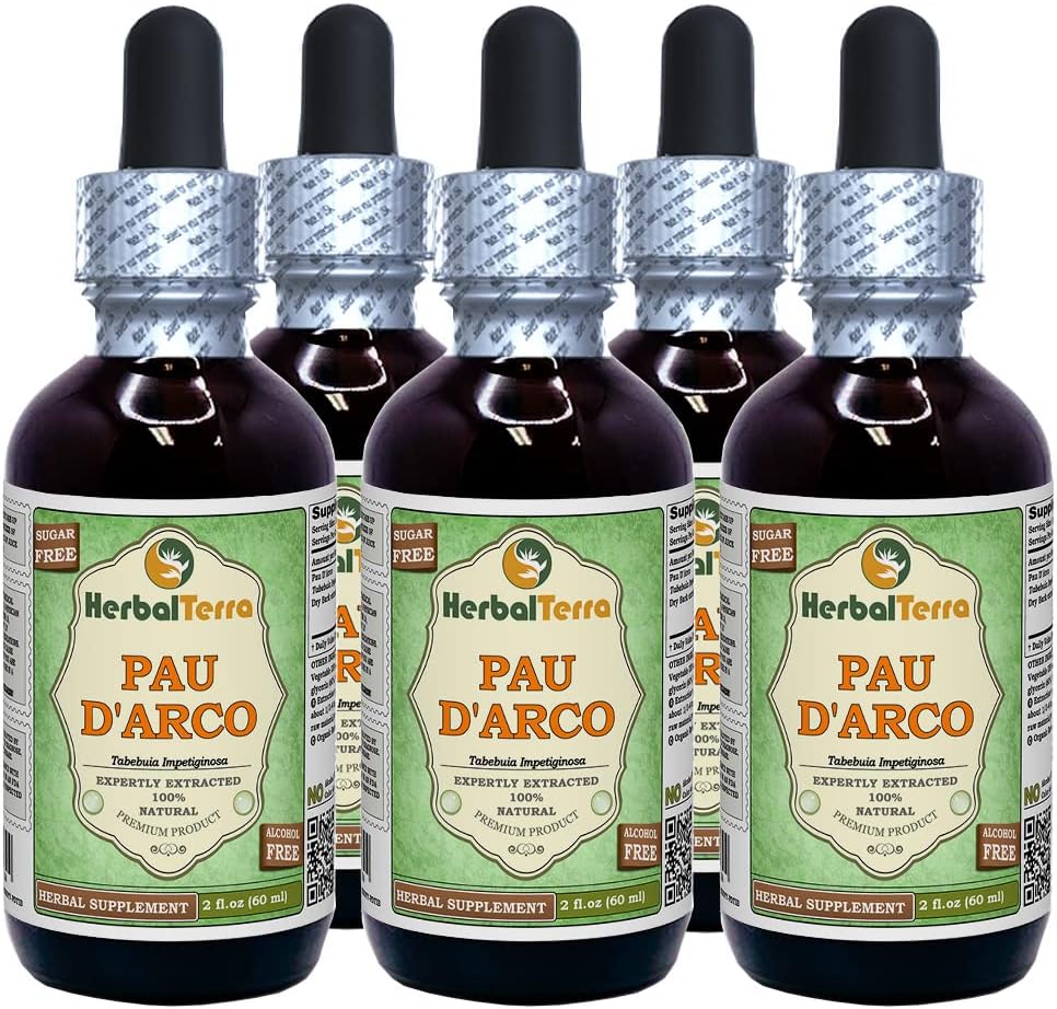 PAU d'arco (Tabebuia Impetiginosa) Glycerite, kuru Bark Alkol Özgür Sıvı Ekstraksiyon (Brand Name: HerbalTerra, Proudly Made in USA) 5x2 fl.oz (5x60 ml)
