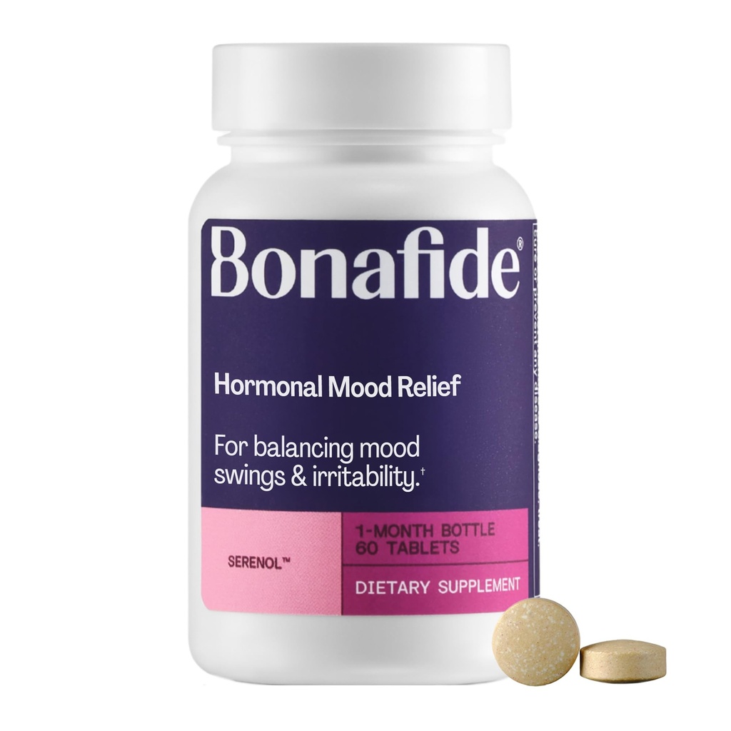 Serenol by Bonafide. Hormonal Mood Swings, Irritability, & PMS Bloating. – 1-Month Supply (60 Tablet)