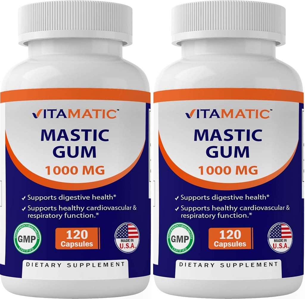 Vitamatic 2 συσκευασίας μαστίχα 1000mg ανά υπηρεσία - Υποστηρίξτε την πυγμή λειτουργία, Γαστρεντερική υγεία, ανοσοποιητική και στοματική ευεξία, Σύνολο 240 κάψουλες