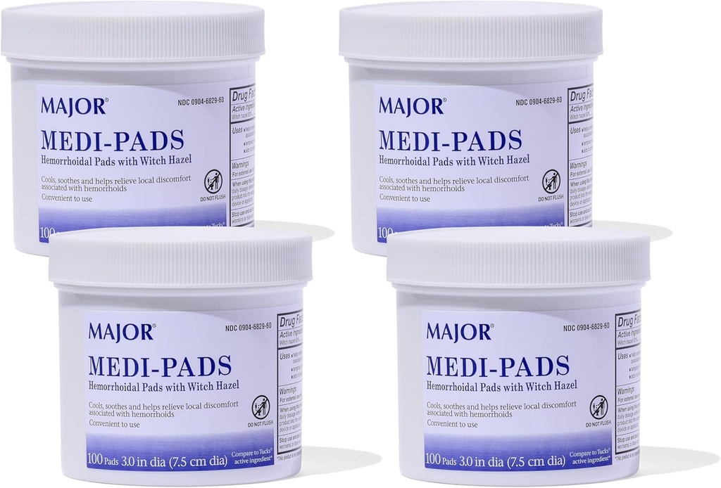 MAJOR Medi-Pads - Αιμορροϊκή Υγιεινή Καθαρισμός Witch Hazel Pads - Ψύξη Ανακούφιση με Αλόη - 100 Count Jar (4 Pack)