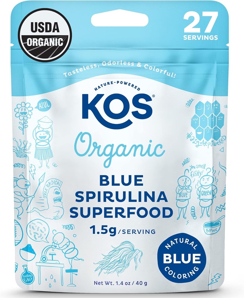 KOS USDA Βιολογικό Μπλε Σκόνη Σπιρουλίνας, Phycocyanin - Vegan Algae Superfood - φυσικός χρωματισμός τροφίμων για Smoothies & Protein Drinks, Plant Based, Non GMO - 27 Services