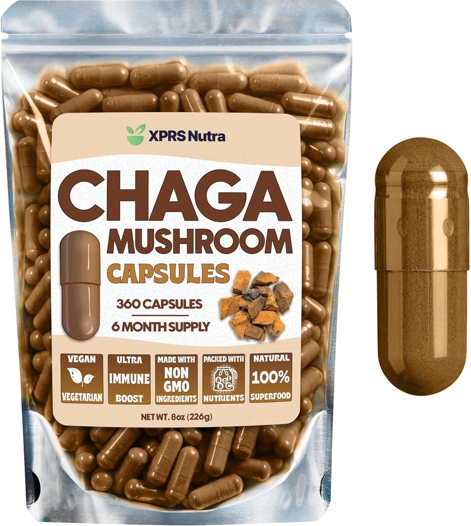 XPRS Nutra Chaga Mushroom Capsules - Premium USDA Chaga Mushrooms Capsules- Encapsated Chaga Mushroom Toz for an Immunity Boost - Vegan Friendly Superfood for Chaga Tea and Beverages - 360 Count