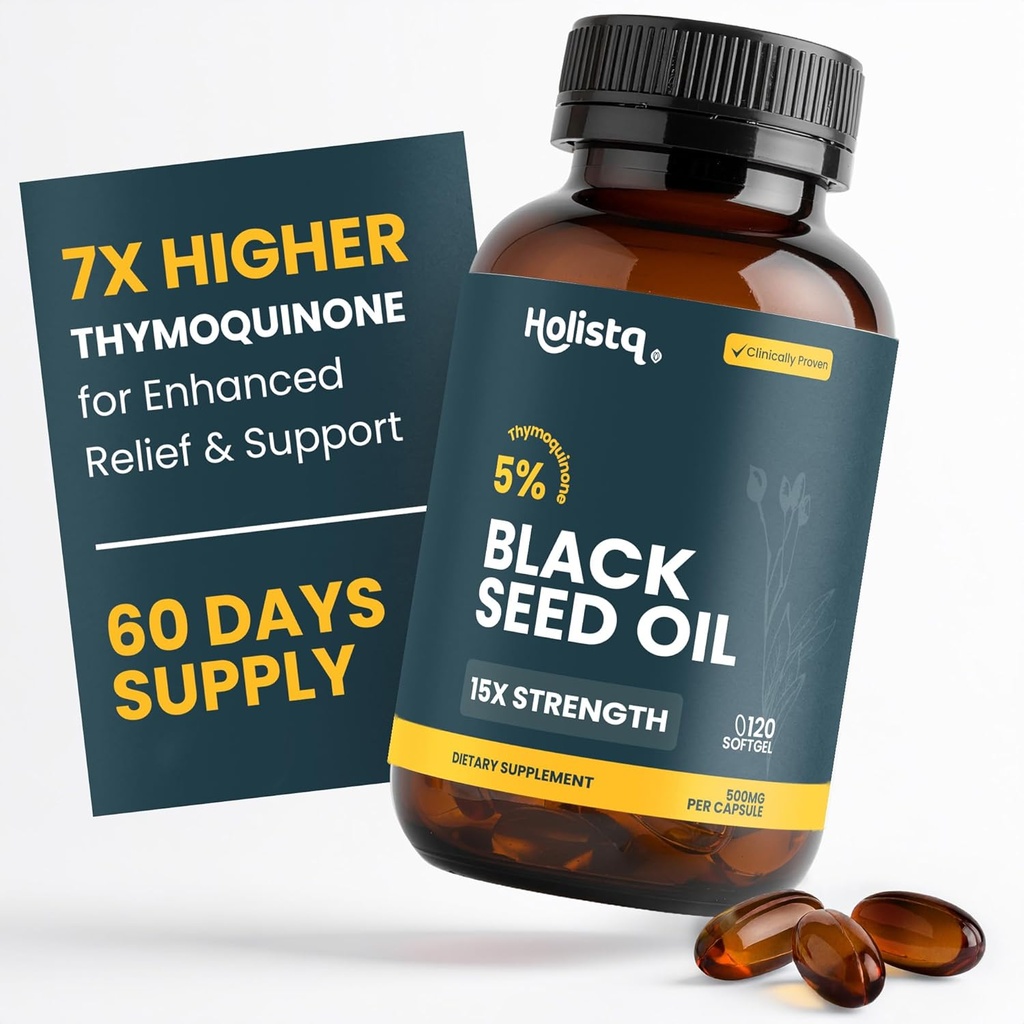 Holistiq Black Seed Oil Organic Cold Pressed Capsules |% 5 Thymoquinone | Non-GMO & Vegan | Nigella Sativa Black Cumin Seed Oil, Omega 3 6 9 Yetişkin Immunity Support - 120 Softgels, 2 Ay Supply