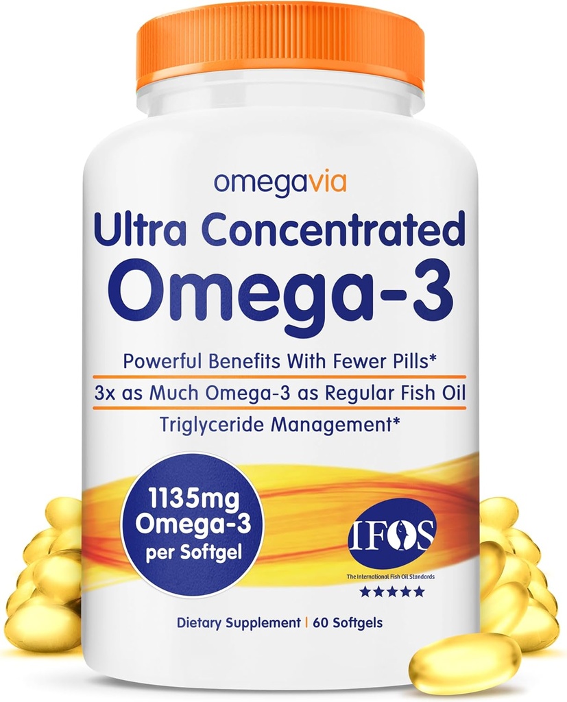 OmegaVia Ultra Yoğun Omega 3 Fish Oil Burpless, 60 Softgels, Triple Strength Omega 3 Fish Oil Supplements, 1135 mg Pure Omega3, No Fishy Burps, High EPA DHA DPA, IFOS 5Star