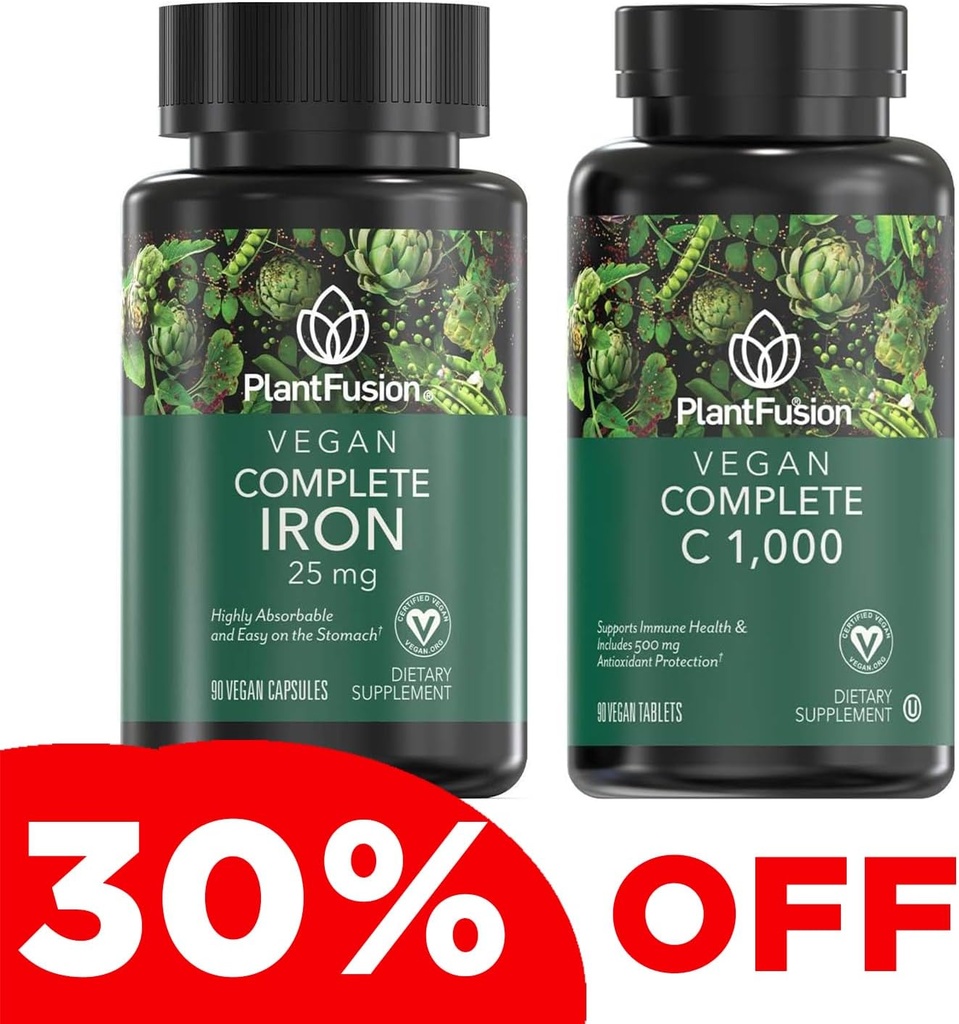 PlantFusion Vegan Iron & Vitamin C Log - Premium Plant Based Iron 25 mg ve C 1000 mg for Health Levels & Immune Health Support