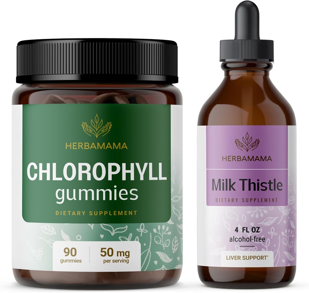 HERBAMAMA Chlorophyll ve Milk Butle Kit - 50 mg Chlorophyll Gummies & Milk Butle Extract Tincture 4 fl oz - Vegan, Non-GMO, Sugar & Alkol-Free - 2 Pack