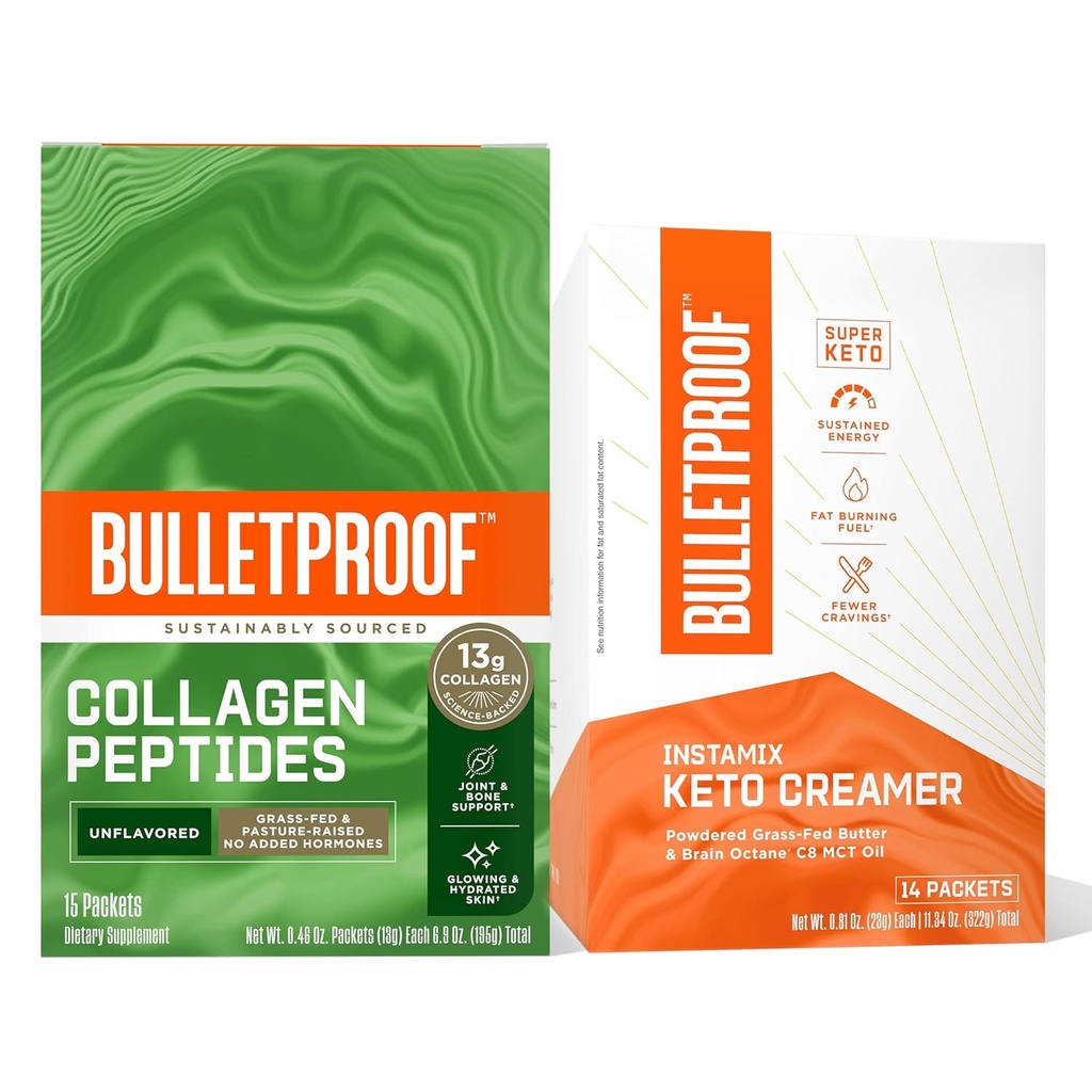 Kurşunlu Kahve Duo - Grass-Fed Ghee ve MCT yağı, 14 Pack & Unflavored Collagen Protein ile 13g Grass-Fed Collagen, için 15 Pack, Bones ve Ortaklar, 15 Paket