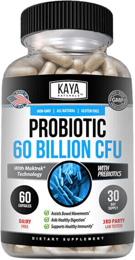 Kaya Naturals Probiyotik 60 Milyar CFU - Kadınlar için Probiyotikler, Erkekler ve Yetişkinler için Probiyotikler, Doğal - Gut Health & Immune Support Supplement - Digestive Support - 60 Sebze Capsules
