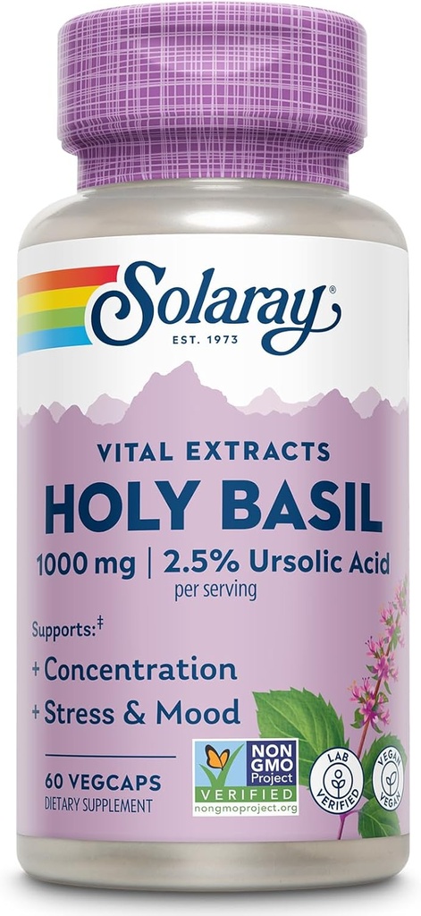 SOLARAY Holy Basil 1000 mg - Tulsi Holy Basil Adaptogen με 2,5% Ουρσολικό Οξύ - Επινοητική Υποστήριξη, Εστίαση, Περιστασιακό Στρες και Υποστήριξη Mood - Μη ΓΤΟ, Vegan, Χωρίς Γλουτένη, 60-Ημέρες Εγγύηση, 30 Υπηρεσίες