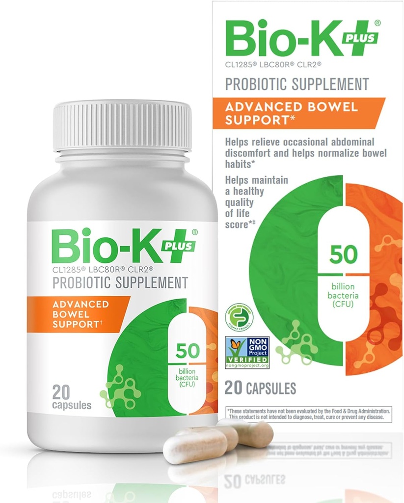 Bio-K+ Gelişmiş Bowel Support Probiyotik – 50 Milyar CFU – Vegan, Gluten-Free, Non-GMO – Destekler Digestive Health & Regularity – for Men & Women – 20 Capsules
