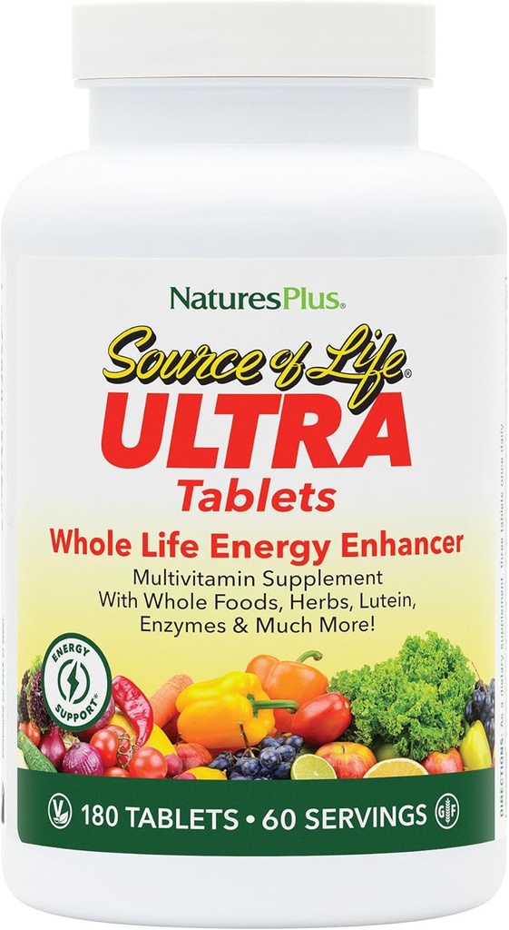 NaturesPlus Ultra Source of Life Multivitamin - 180 Tablets - Υποστηρίζει την Ανοσοποιητική Υγεία, την Ενέργεια & τη Συνολική Ευζωία - με Λουτεΐνη & Βιταμίνη D3 - Χορτοφαγική & Χωρίς Γλουτένη - 60 Σερβιέτες