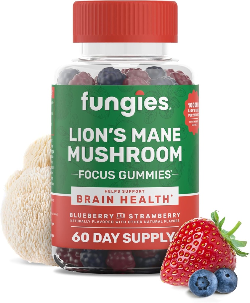 Fungies Lion's Mane Mushroom Gummies, Karma Blueberry & Strawberry Flavor - Yetişkinler ve Çocuklar için Mushroom Supplement Gummy, Cognitive Function, Focus, Memory & Mood, 60 Hizmetler