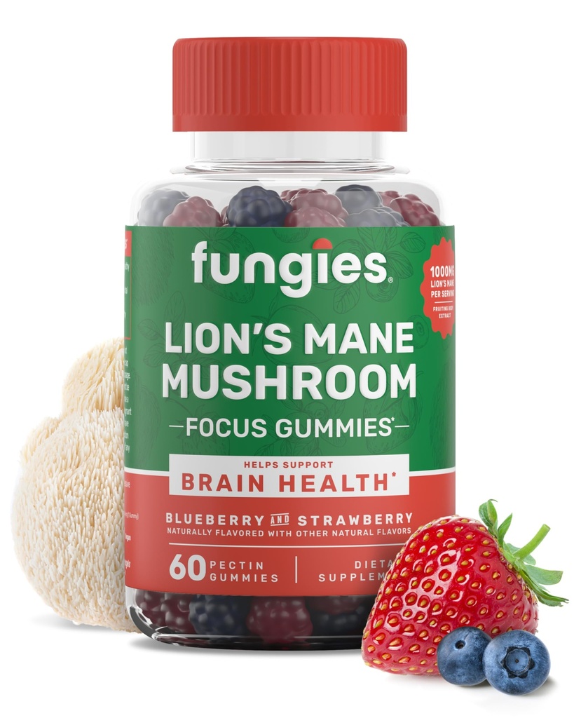Fungies Lion's Mane Mushroom Gummies, Karma Blueberry & Strawberry Flavor - Yetişkinler ve Çocuklar için Mushroom Supplement Gummy, Cognitive Function, Focus, Memory & Mood, 60 Hizmetler