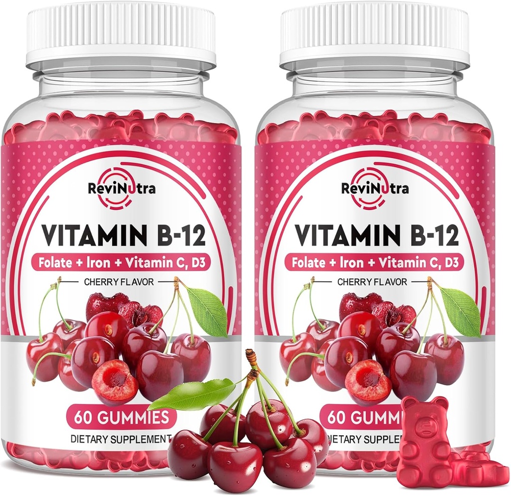 Βιταμίνη B12 Gummies - 5000 mcg Μεθυλοκοβαλαμίνη με σίδηρο, βιταμίνη C, D3 & φολικό, Ενεργειακή Υποστήριξη και Μεταβολισμός, Ανοσοποιητικό, B-12 Complex Chewable συμπλήρωμα για άνδρες & γυναίκες, 120 Count, 2 Pack