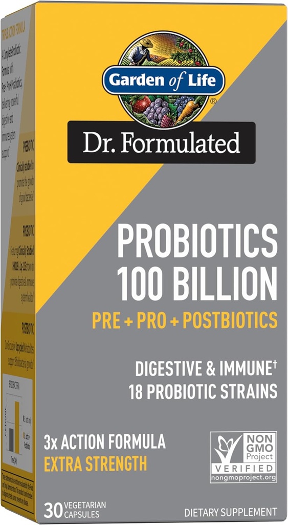 Garden of Life Dr Formulated Probiotics 100 Billion CFU Pre + Pro + Postbiotics - Extra Strength Digestive & Immune Support for Men and Women, Potato, Acacia, Postbiotic Metabolites, 30 Capsules