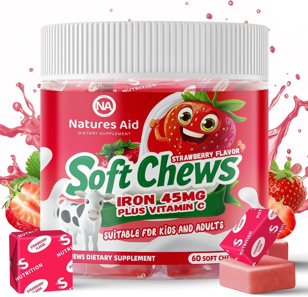 Kadınlar ve Erkekler ve Çocuklar için Hızlı Demir Supplement - Strawberry Flavor, Demir Vitamin C Soft Chew for Max Abors, Iron As Ferrous Fumarate, Iron Deficiency için ideal, 2 Ay Supply