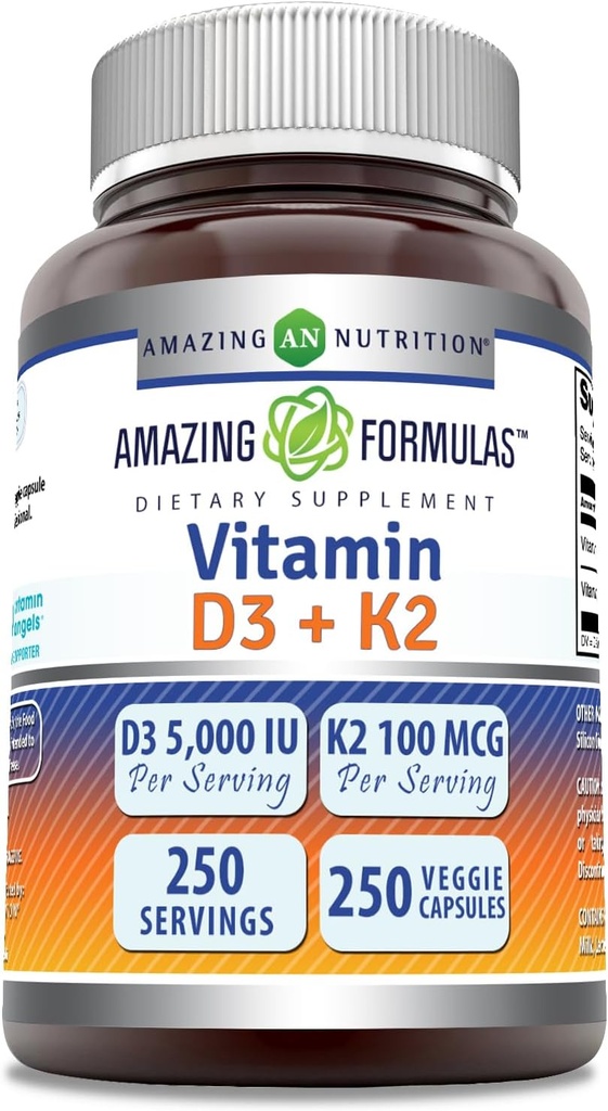 Amazing Formulas Vitamin D3 5000 I with Vitamin K2 100 Mcg| 250 Veggie Capsules | D3 + K2 Kompleksi | ABD'de Yapılacak | Gluten Free | Made in USA