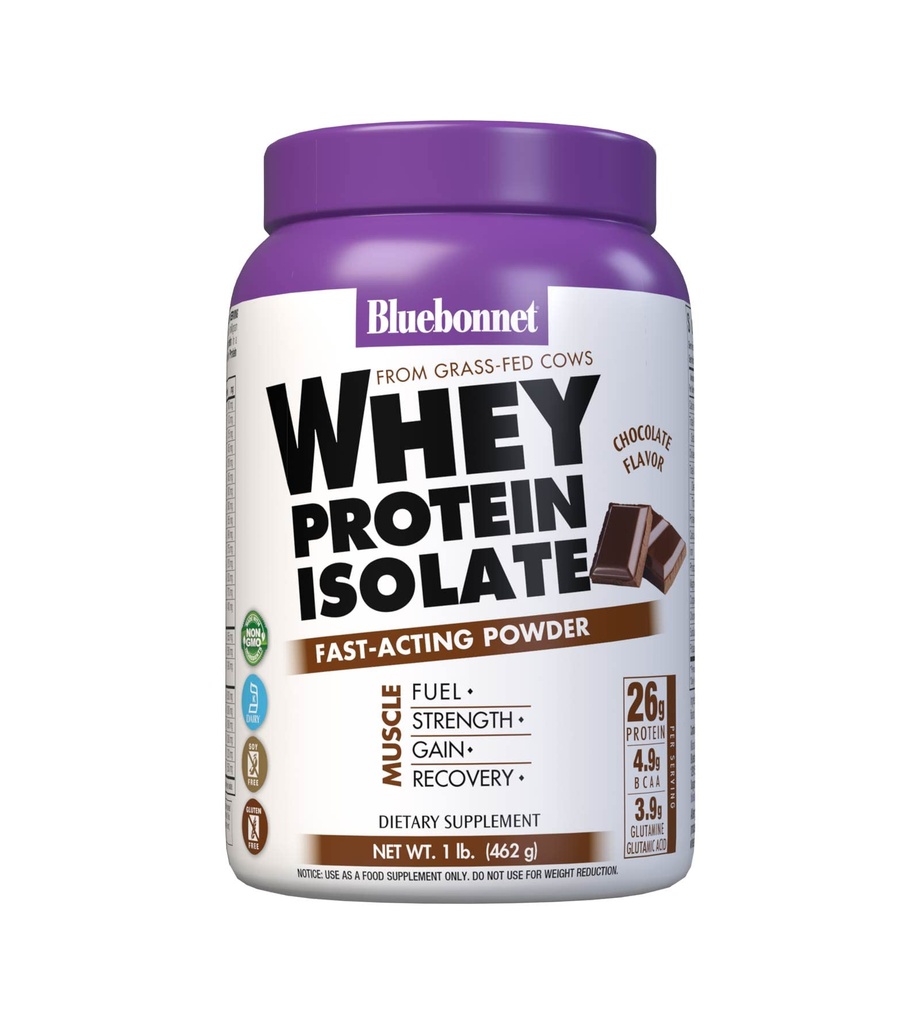 Bluebonnet Beslenme Whey proteini Isolate Toz, Whey From Grass İneks, 26g of protein, No Sugar eklendi, Gluten Free, Soy ücretsiz, kosher Süt, 1 Lb, 14 Hizmet, Chocolate Flavor