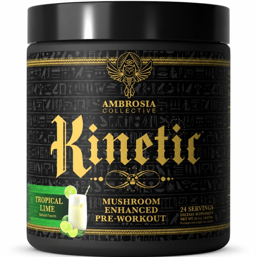Ambrosia Kinetic Organic Preworkout, Mushroom Natural Pre Workout Supplement, Nootropic Superfood Toz for Energy (Tropical Lime)