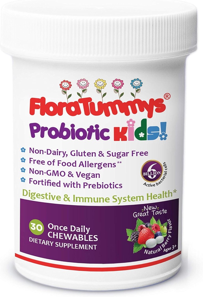 FloraTummys Kids Chewable Probiotic Prebiotics: Μη-Dairy, Gluten & Sugar-Free, Peat & Soy Free, Μη-GMO, Ελεγμένο & Χωρίς αλλεργιογόνα τροφίμων, Vegan, Kosher, Berry Flavor(1 Μπουκάλι)