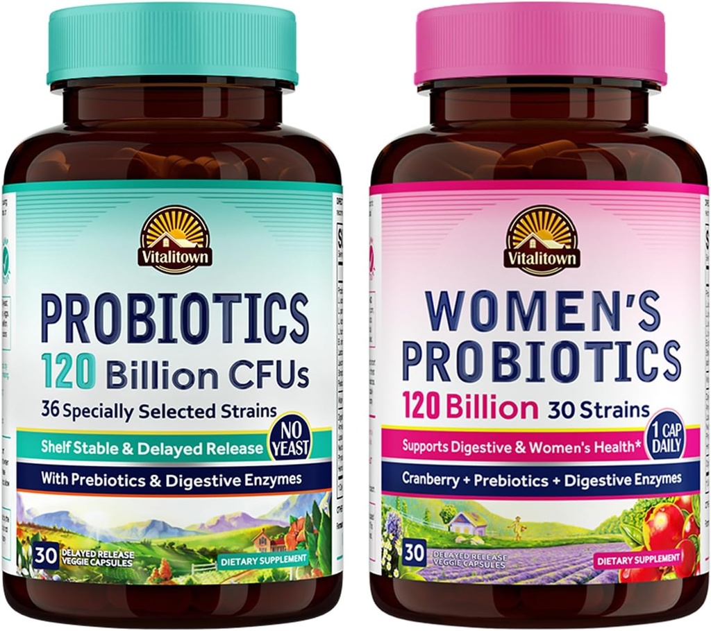Vitalitown Probiotic Bundle (Pack of 2) | Probiotics 120 Billion CFUs (Item 1) & Women’s Probiotics (Item 2) | Shelf Stable, Once Daily | Gut, Immune, Vaginal Health | 60 Capsules | 30 Day Supply Each