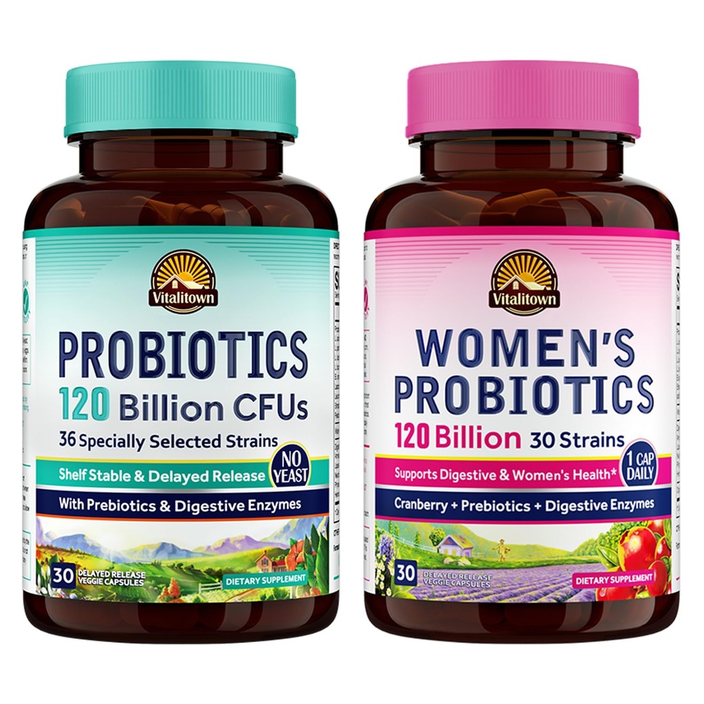 Vitalitown Probiyotik Sche (Pack of 2) | Probiyotiks 120 Milyar CFUs (Item 1) & Women's Probiyotiks (Item 2) | Raf Stable, Once Daily | Gut, Immune, Vaginal Health | 60 Capsules | 30 Day Supply Every