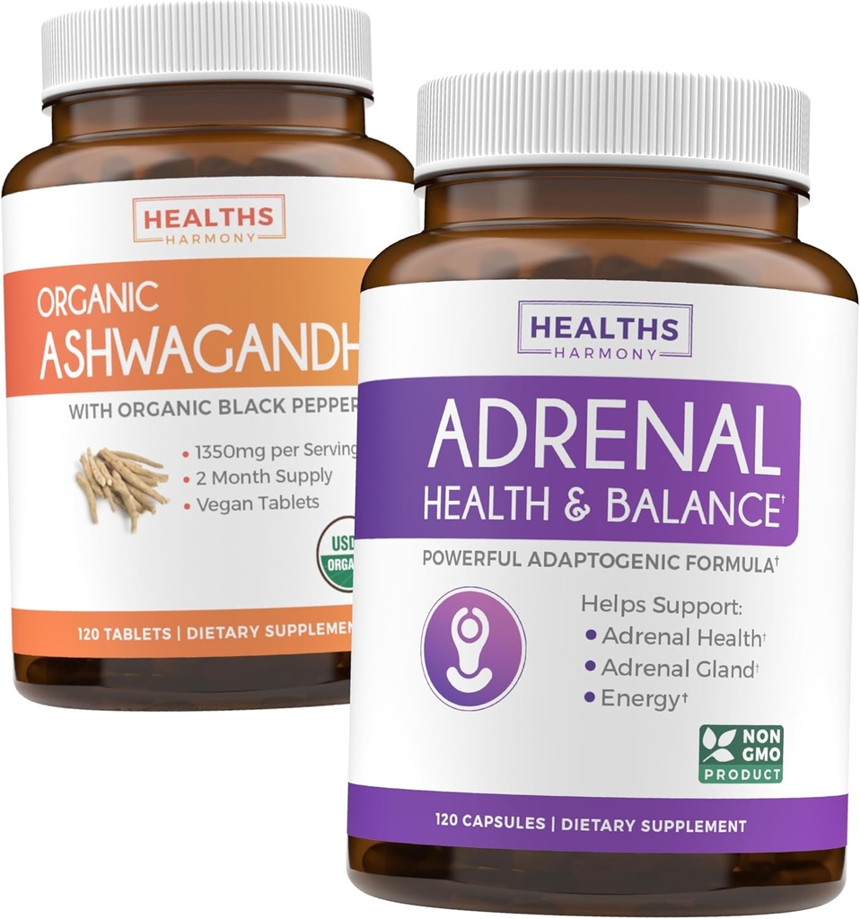 Ashwagandha & Adrenal (2-Month Supply) Adrenal Balance Pack - Organic Ashwagandha Φυσική Adrenal & Cortisol Υποστήριξη (120 Caps) & Adrenal System & Cortisol Manager L-Tyrosine Fatigue Υποστήριξη (120 Cap)