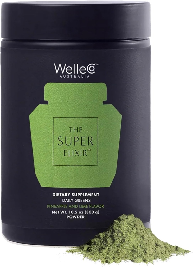 WelleCo Το Super Elixir Daily Greens Powder, Probiotic Drink Mix με ολόκληρα τρόφιμα, χωρίς γλουτένη, Vegan Gut Health Powder, Energy, Immunity, Healthy Skin, Hair & Nails (Jar, Pineapple & Lime Jar)