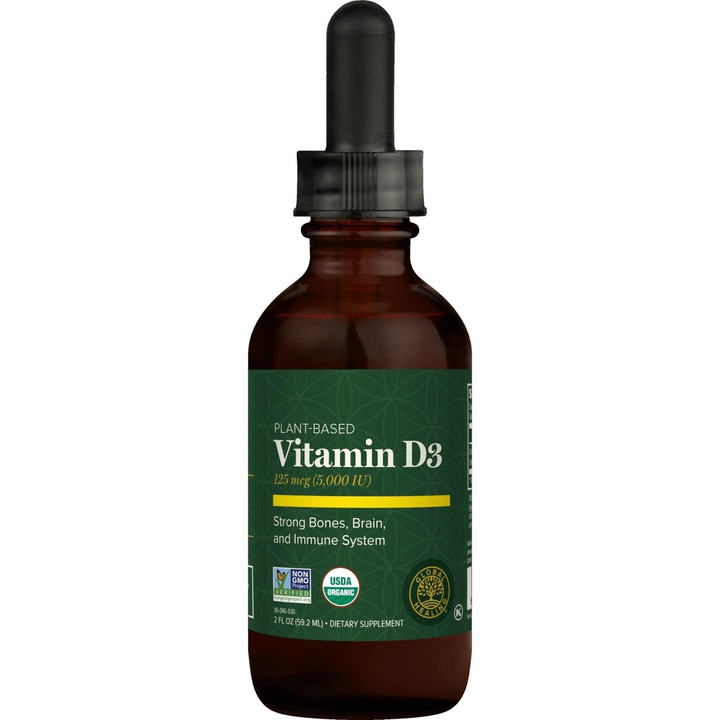 Global Healing Organic Vitamin D3 5000 IU Supplement - Vegan Vitamin D Supplements for Immune Health & Güçlü Bones Support - Pure D3 5000 IU Materialss, Vit D3 - 2 Fl Oz