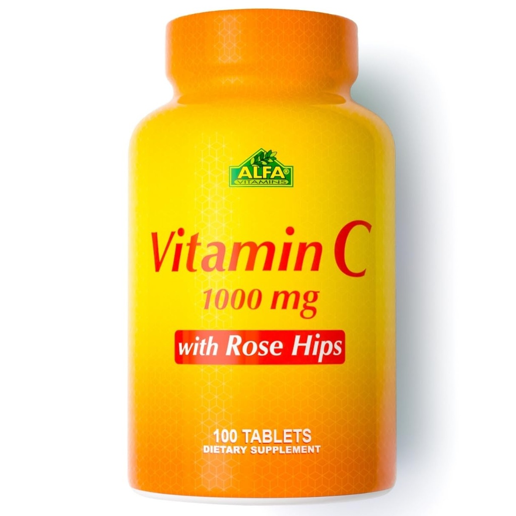 ALFA VITAMINS Βιταμίνη C με Rose HIPS με 1000 mg Βιταμίνη C ανά Σερβίρισμα - Αντιοξειδωτικό & Ανοσοποιητική Υποστήριξη + Υποστηρίζει Υγιεινό Δέρμα & αρθρώσεις - Μη ΓΤΟ, Vegan, Χωρίς Γλουτένη, Γαλακτοκομικά Χωρίς - 100 Tabletισκία