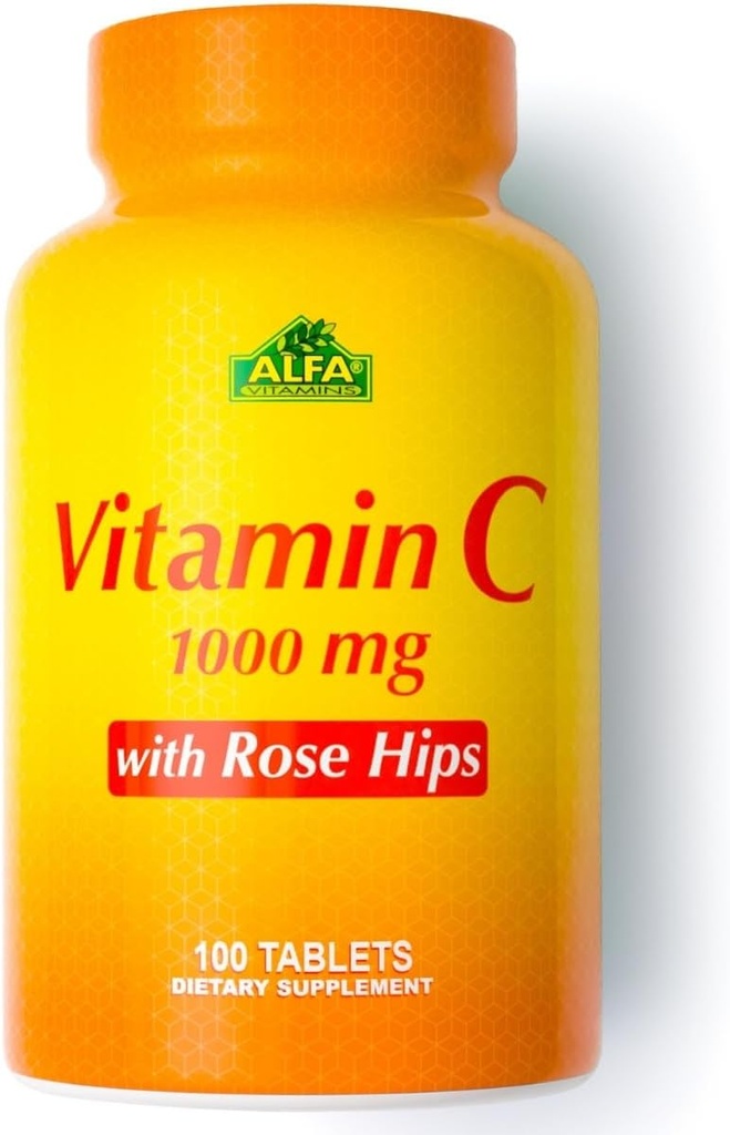 ALFA VITAMINS Vitamin C, Rose HIPS ile hizmet başına 1000 mg C vitamini - Antioksi ve Immune Support + Supports Health Skin & Commons - Non GMO, Vegan, Gluten Free, Dairy Free - 100 Tabletler