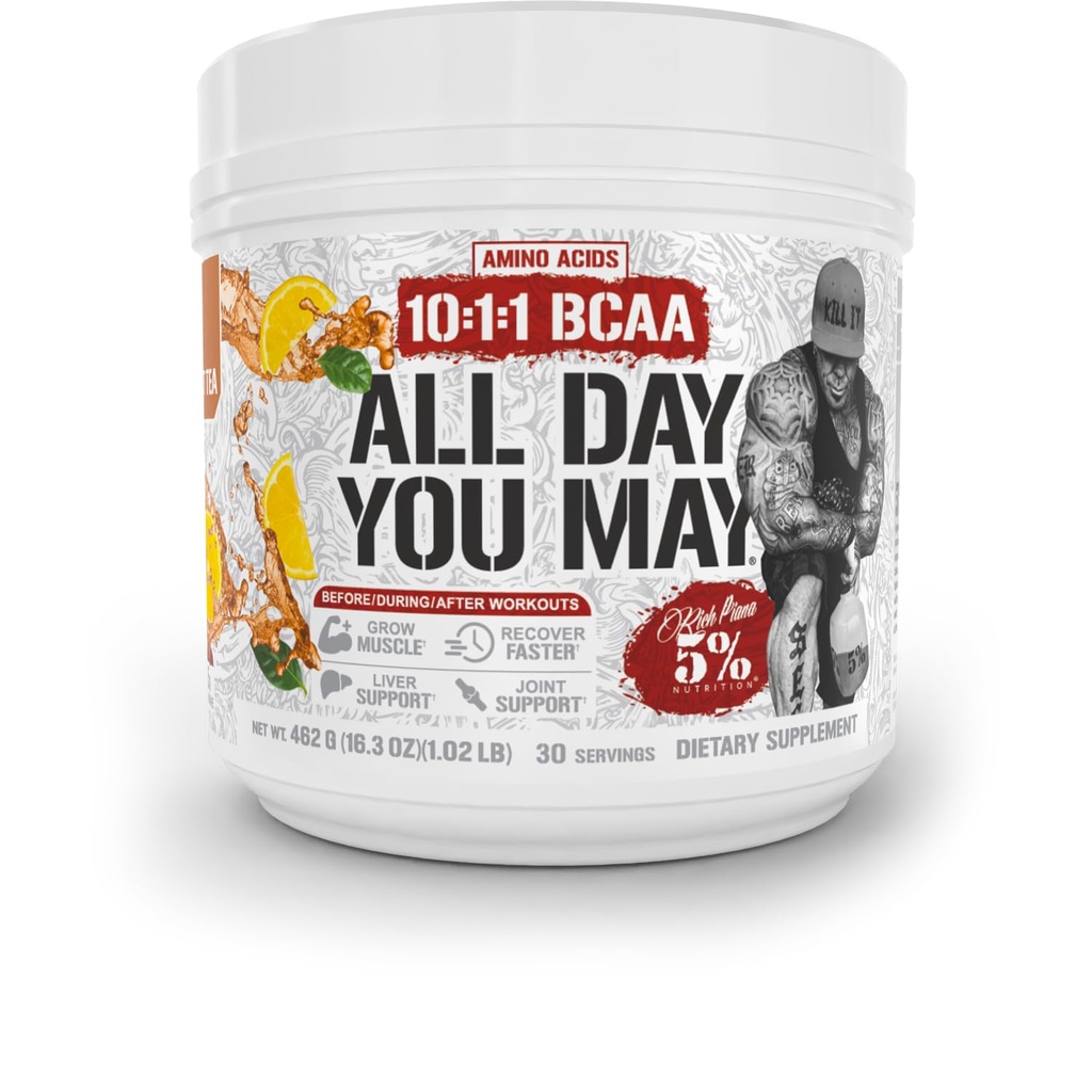 % 5 Beslenme Zengin Piana AllDay YouMay BCAA Toz Premium Intra & Post Workout Amino Asits, Hydration, Endurance, Muscle Recovery, Ortak & Liver | 16.3 oz, 30 Srvgs (Güney Tatlı Çay)