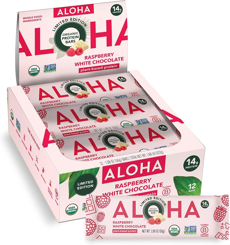ALOHA Organik Bitki Protein Barlar | Raspberry White Chocolate | 12 Kont, 1.98oz Bars | Vegan, Low Sugar, Gluten Free, Paleo, Low Carb, Non-GMO, Stevia Free, Soy Free, No Sugar Sweeteners: EDITION