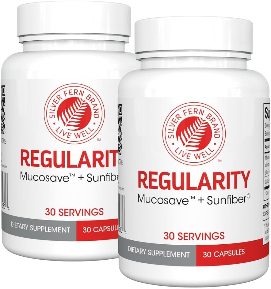 Silver Fern Brand Regularity Digestive Supplement - 2 μπουκάλια = 60 κάψουλες = 60 ημέρες προσφοράς - Mucosave FG (Prickly Pear Polyσακχαρίτες & Olive Leaf Polyphenols) & SunFiber