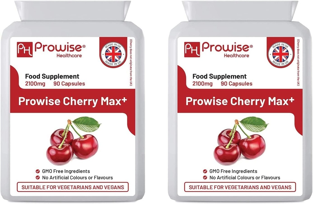 Cherry Max+ (πακέτο των 2) 2100mg Montmorency Cherry Προστέθηκε με Black Cherry I 90 Vegan Κάψουλες Υψηλή δύναμη I Made in The UK by Prowise Healthcare