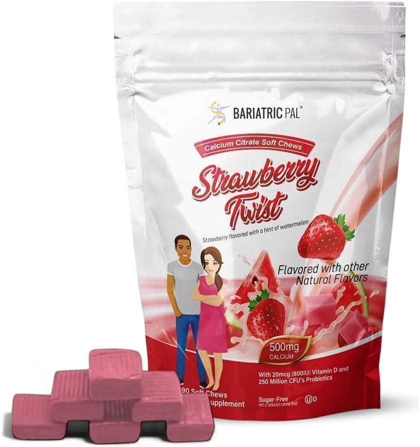BariatrikPal Sugar-Free Food Citrate Soft Chews | 500 mg with Vitamin D & Probiyotiks | Strawberry Twist | 90 Kont (1 Ay Supply)