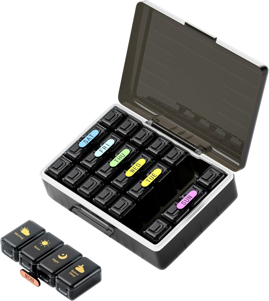 Weekly Pill Organizer 4 Times a Day, Large Compartments Pill Box 4X 7 Day, Medicine Organizer Pill Case for Pills/Vitamins/Fish Oils/Medication/Supplements (Black)
