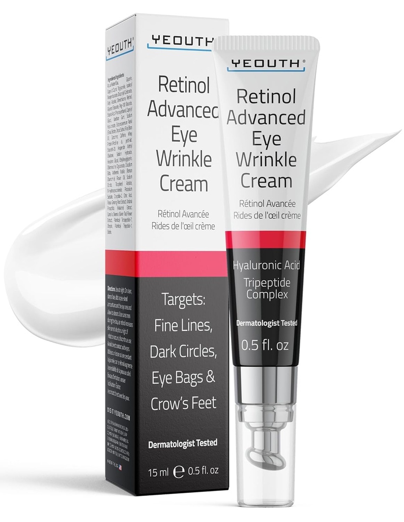 YEOUTH Retinol Κρέμα ματιών κατά της γήρανσης, Σύσφιξη κάτω από την κρέμα ματιών για την πάθη και τσάντες κάτω από τα μάτια για ρυτίδες και σκοτεινούς κύκλους με υαλουρονικό οξύ και τριπεπτίδια 15ml