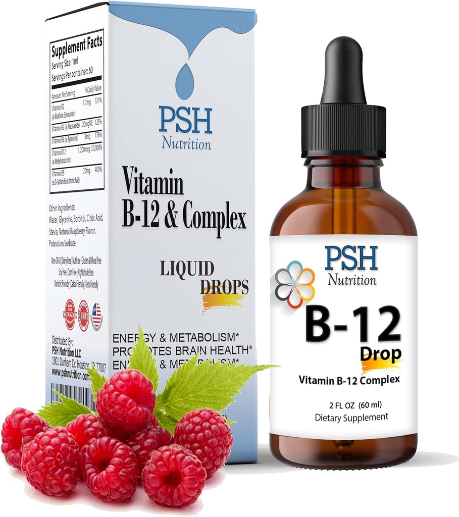 Premium PSH B Complex Υγρές σταγόνες με B12 - Natural Energy Booster - ΗΠΑ Made Supplement for Energy and Focus Stress Relief and Energy and Immune Support - 2 fl oz